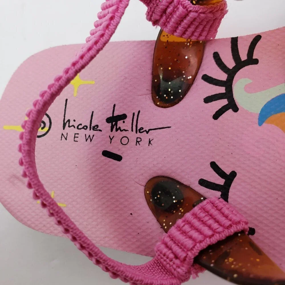 Nicole Miller New York Baby Girls Sz 6 Pink Unicorn Back Strap Flip Flop Sandals